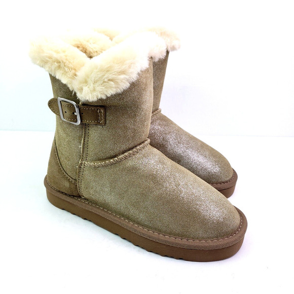 Style & Co Tiny2 Womens Sz 6 Gold Shimmer Leather Mid Calf FauxFur Winter Boots - Picture 1 of 11